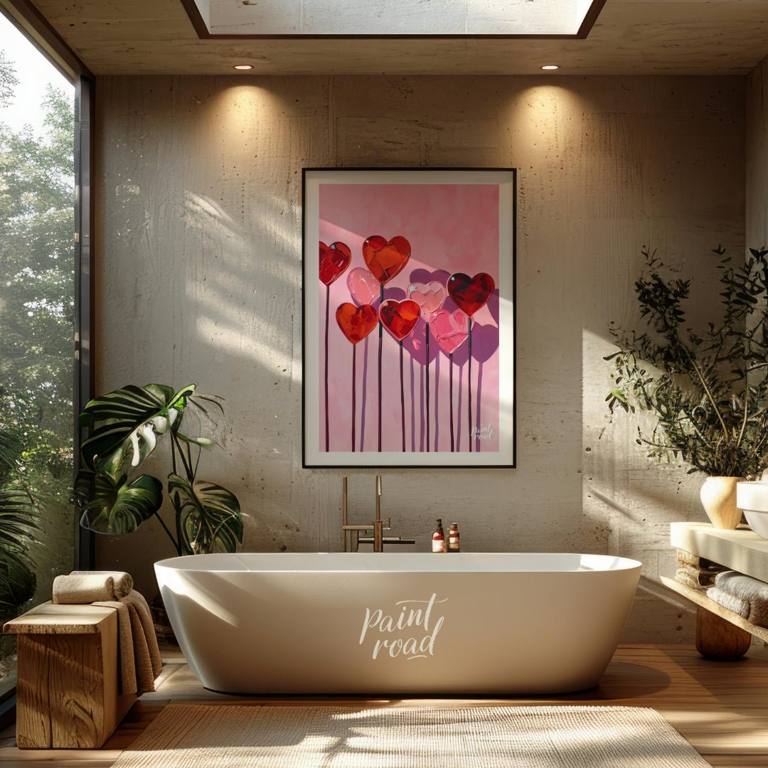 This whimsical artwork features a collection of heart-shaped lollipops against a soft pink backdrop… for bathroom