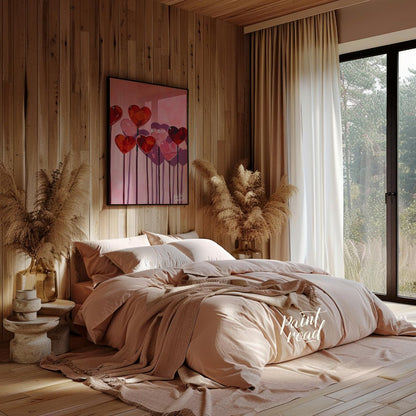 This whimsical artwork features a collection of heart-shaped lollipops against a soft pink backdrop… for bedroom