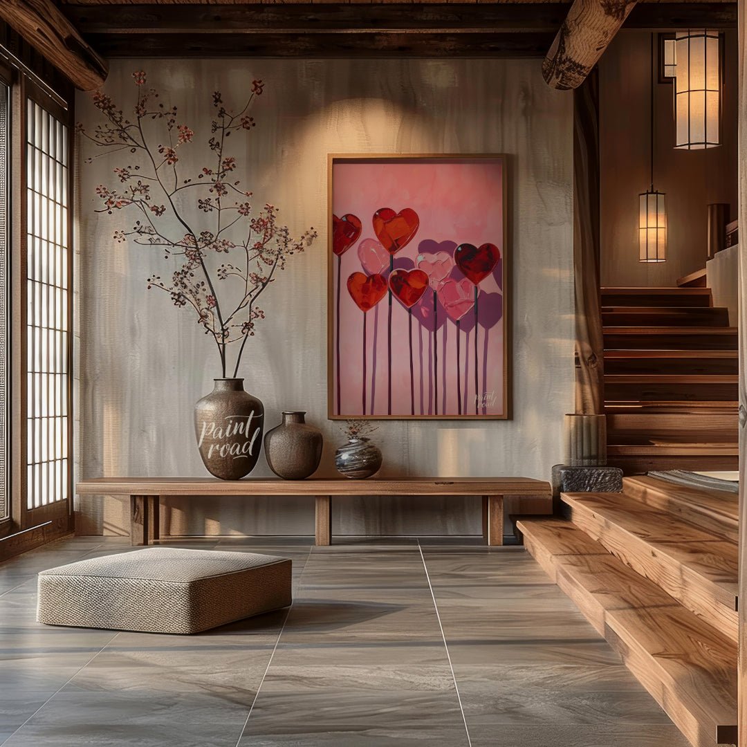 This whimsical artwork features a collection of heart-shaped lollipops against a soft pink backdrop… for entryway