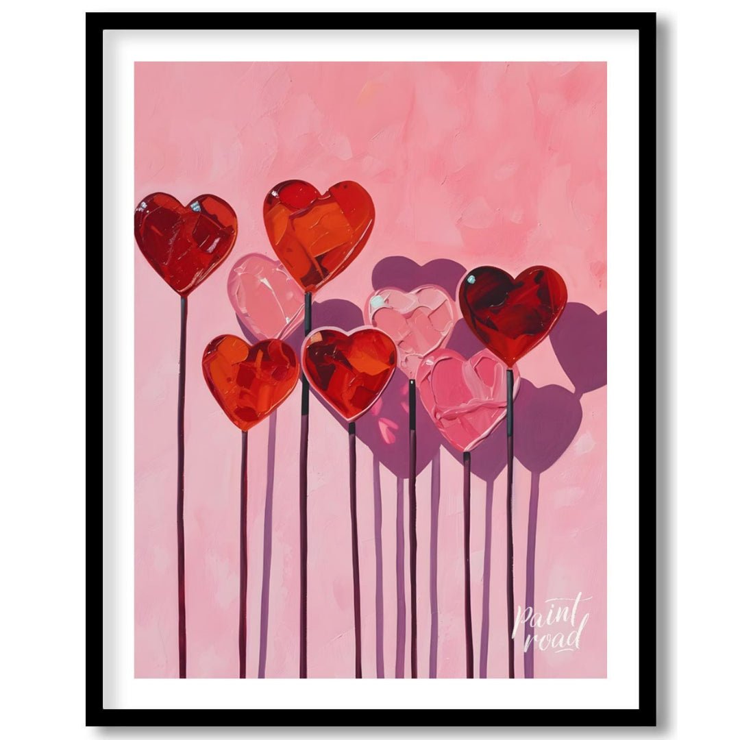 This whimsical artwork features a collection of heart-shaped lollipops against a soft pink backdrop… for home