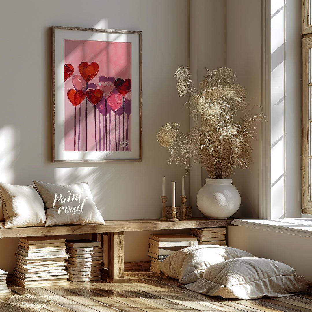 This whimsical artwork features a collection of heart-shaped lollipops against a soft pink backdrop… for living room