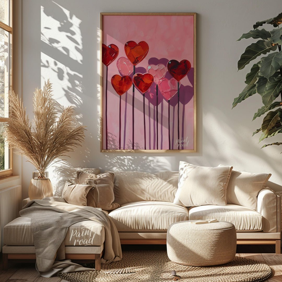 This whimsical artwork features a collection of heart-shaped lollipops against a soft pink backdrop… for living room