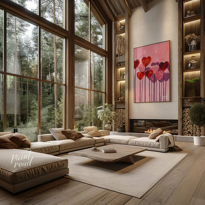 This whimsical artwork features a collection of heart-shaped lollipops against a soft pink backdrop… for living room