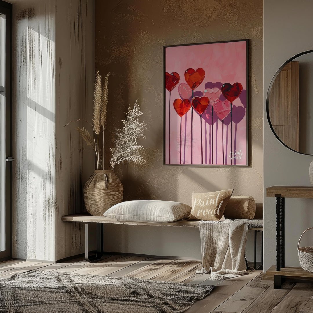 This whimsical artwork features a collection of heart-shaped lollipops against a soft pink backdrop… for living room