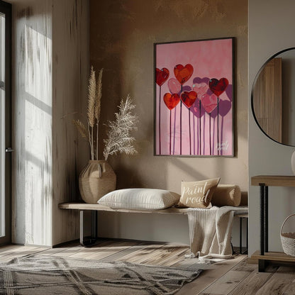 This whimsical artwork features a collection of heart-shaped lollipops against a soft pink backdrop… for living room