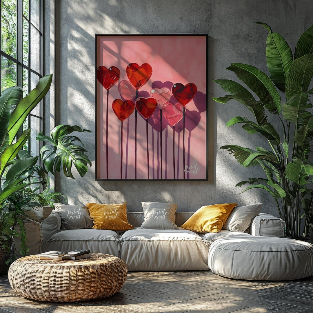 This whimsical artwork features a collection of heart-shaped lollipops against a soft pink backdrop… for living room
