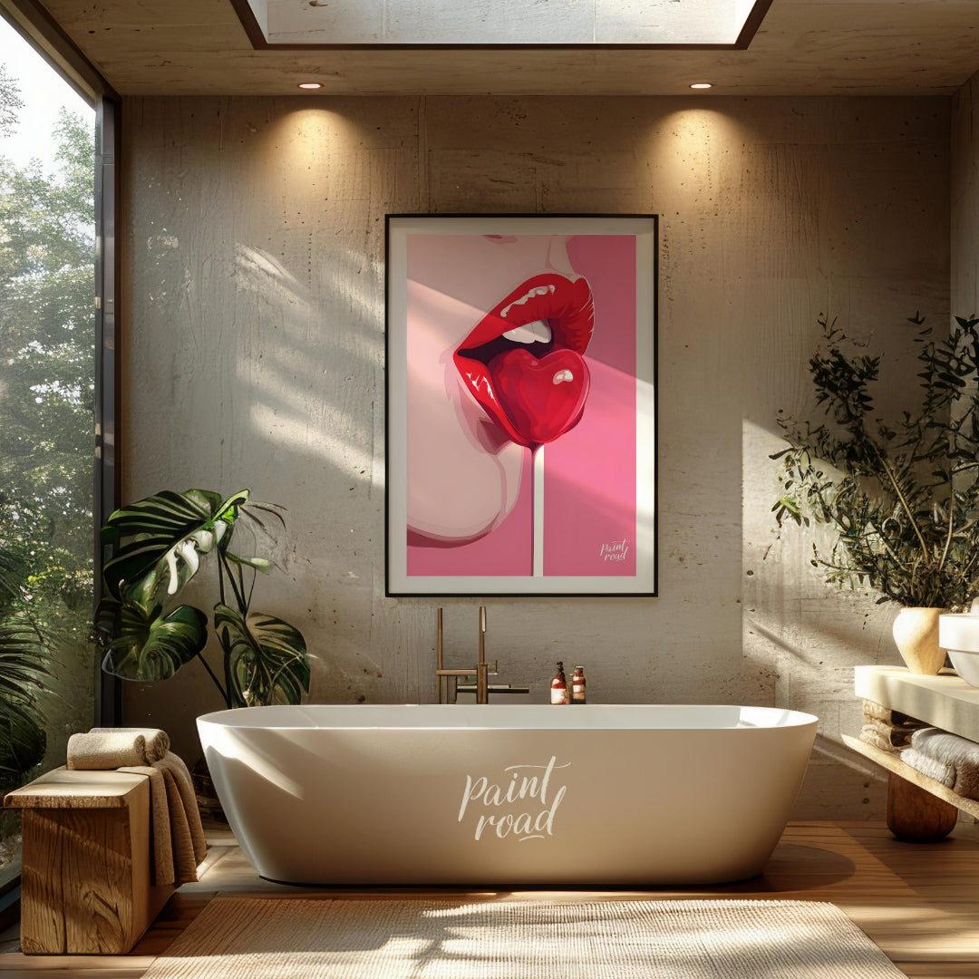 This striking image features a close-up of lips painted in a vibrant red, holding a heart-shaped lo… for bathroom