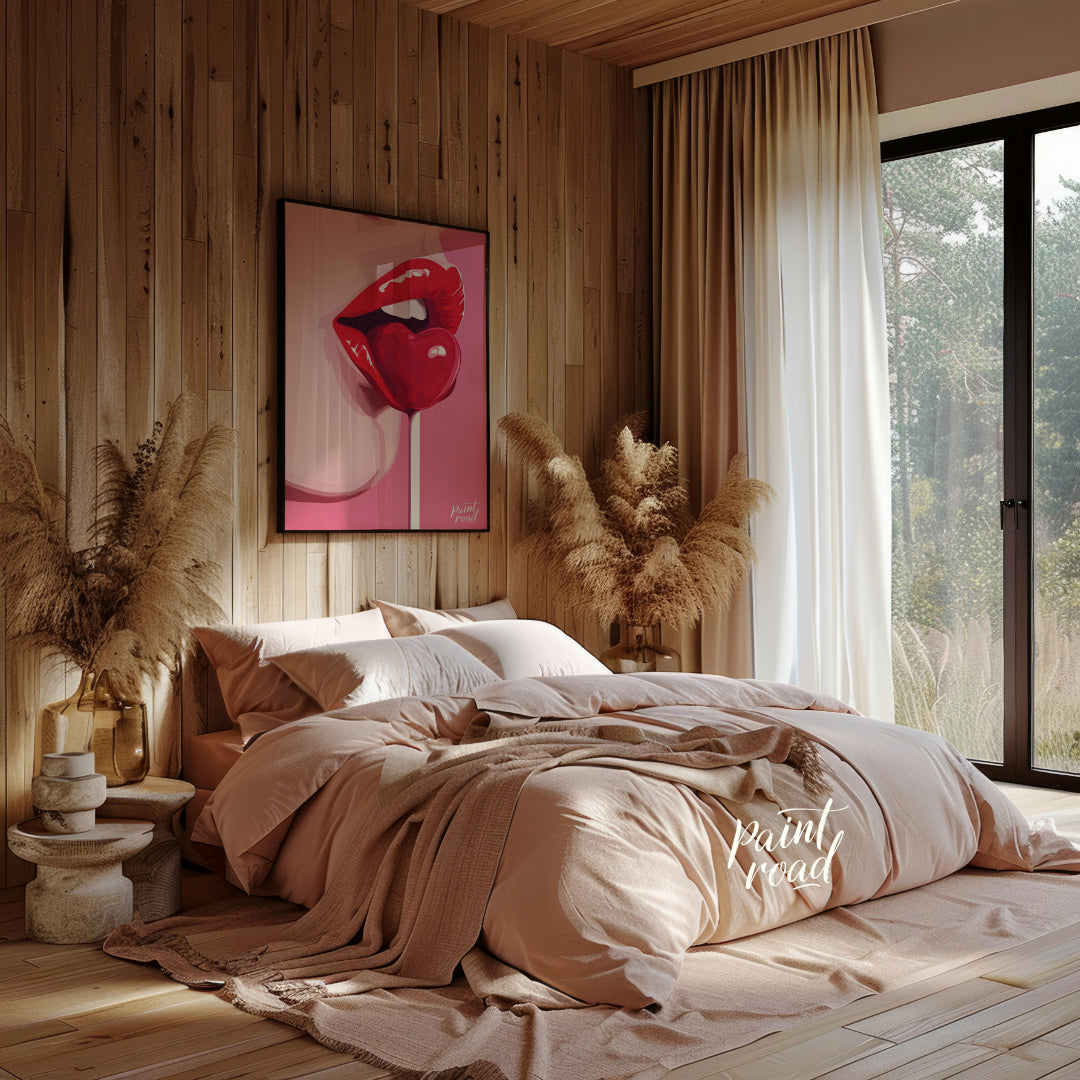 This striking image features a close-up of lips painted in a vibrant red, holding a heart-shaped lo… for bedroom