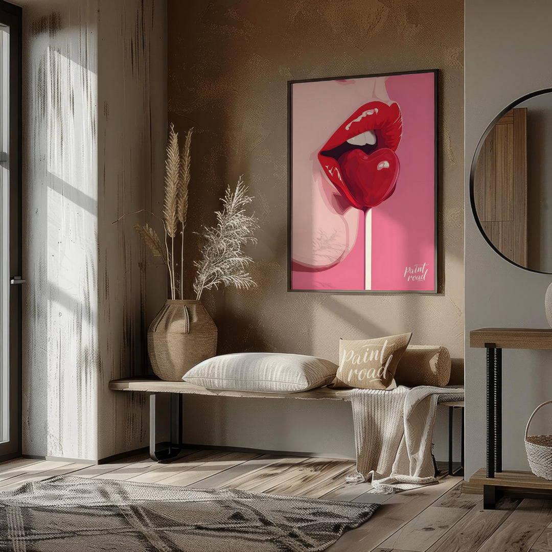 This striking image features a close-up of lips painted in a vibrant red, holding a heart-shaped lo… for entryway