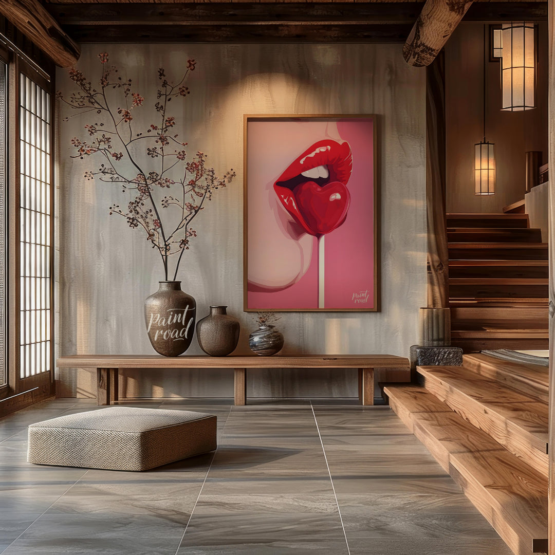 This striking image features a close-up of lips painted in a vibrant red, holding a heart-shaped lo… for entryway