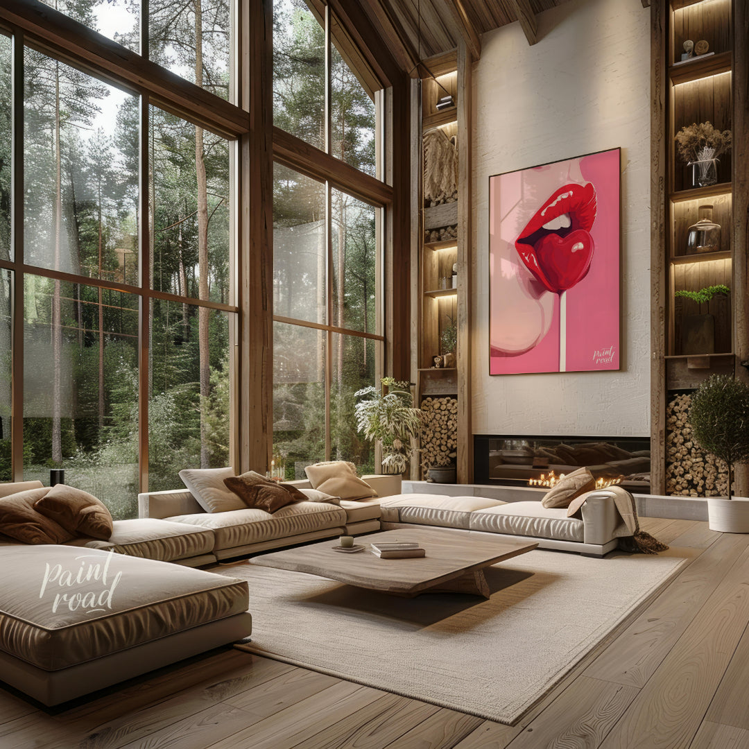 This striking image features a close-up of lips painted in a vibrant red, holding a heart-shaped lo… for living room