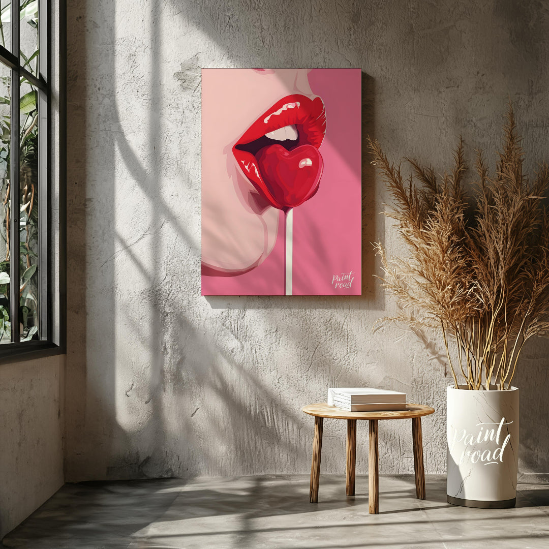 This striking image features a close-up of lips painted in a vibrant red, holding a heart-shaped lo… for living room