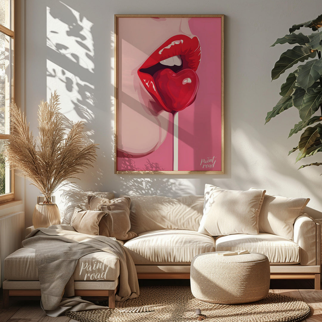 This striking image features a close-up of lips painted in a vibrant red, holding a heart-shaped lo… for living room