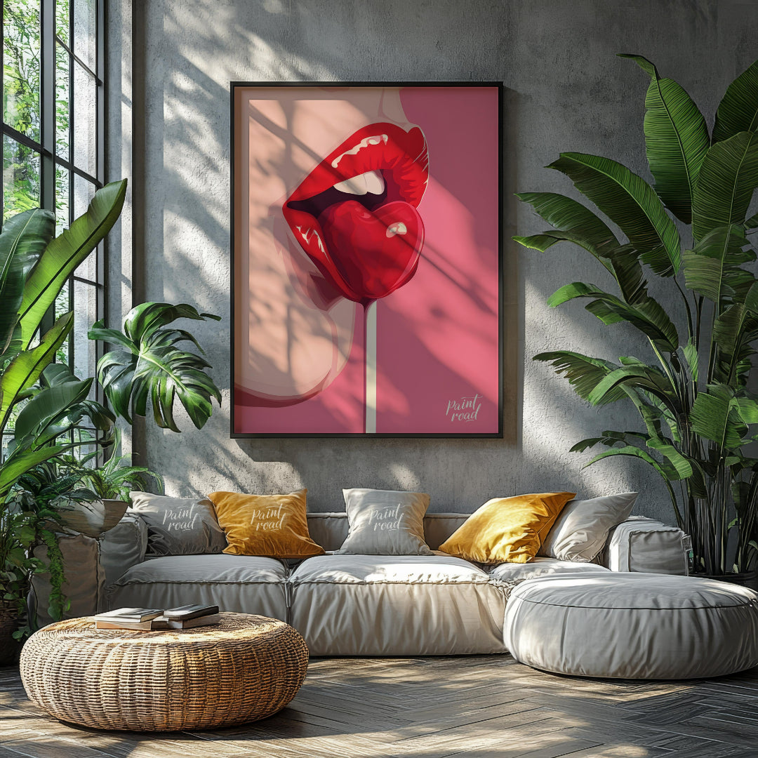 This striking image features a close-up of lips painted in a vibrant red, holding a heart-shaped lo… for living room