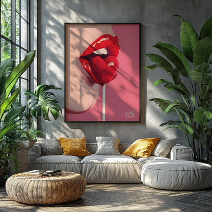 This striking image features a close-up of lips painted in a vibrant red, holding a heart-shaped lo… for living room