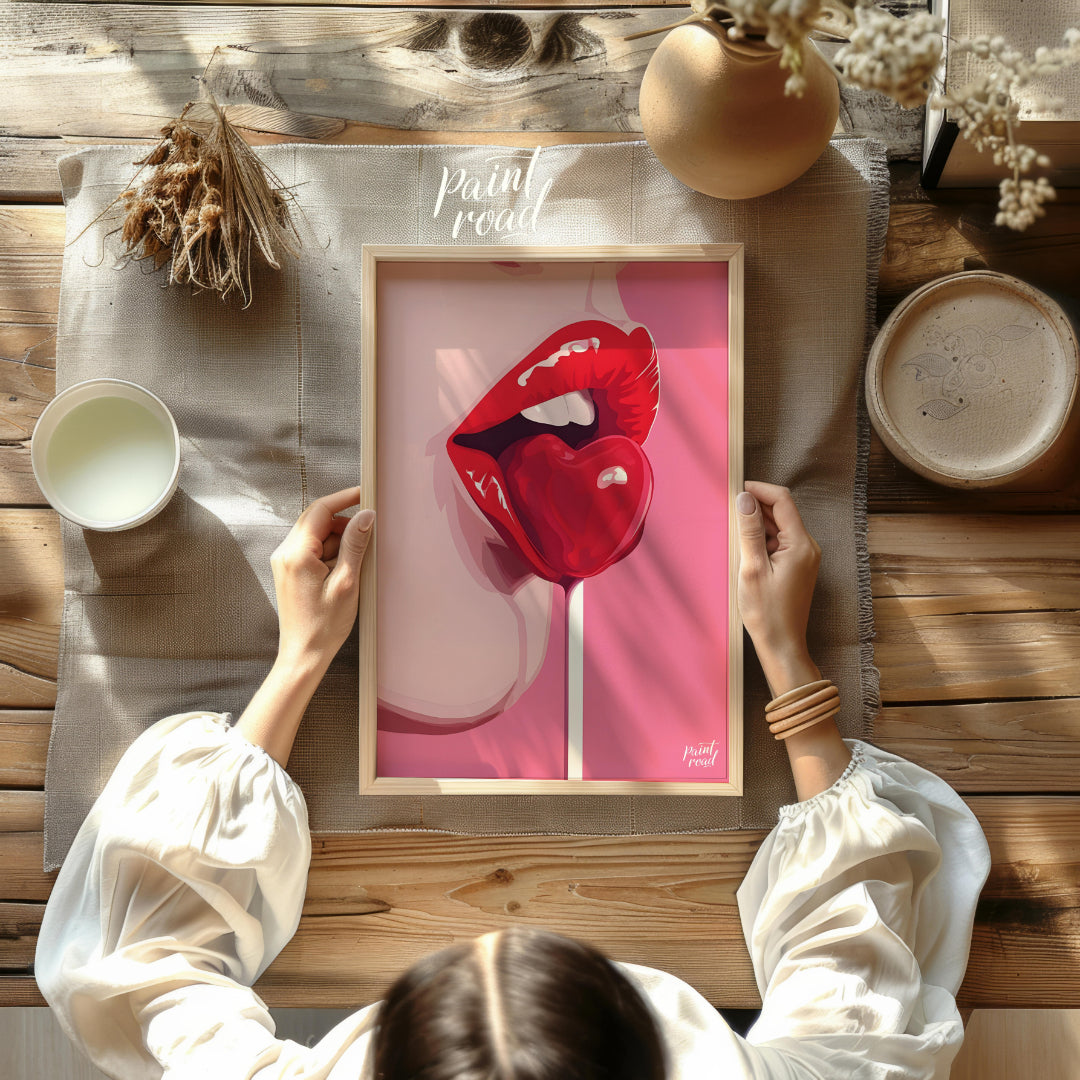 This striking image features a close-up of lips painted in a vibrant red, holding a heart-shaped lo… for other