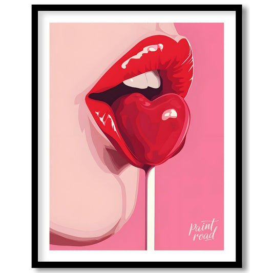This striking image features a close-up of lips painted in a vibrant red, holding a heart-shaped lo… for sweet home