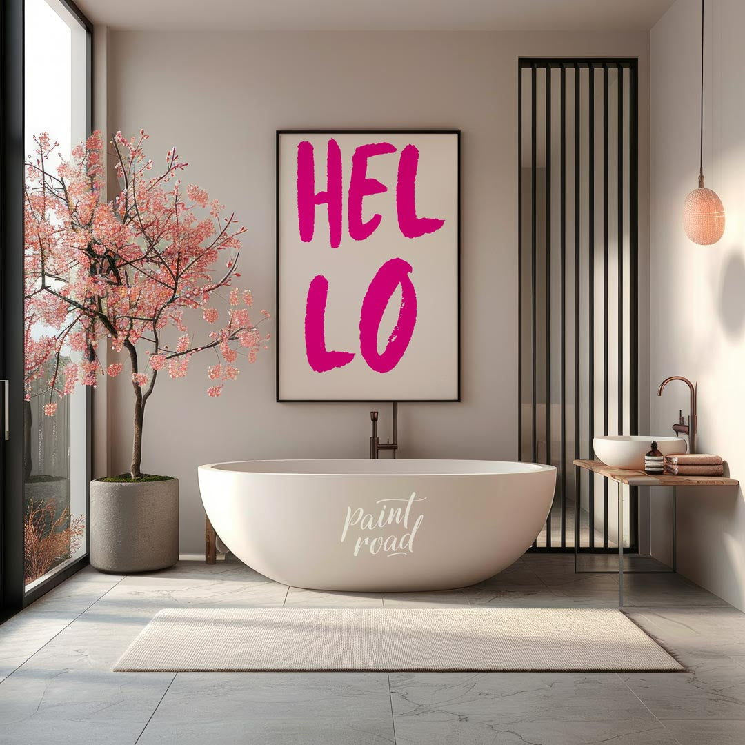 This minimalist yet impactful print features the word “HEL LO” in a bold, distressed, hot pink sans… for bathroom