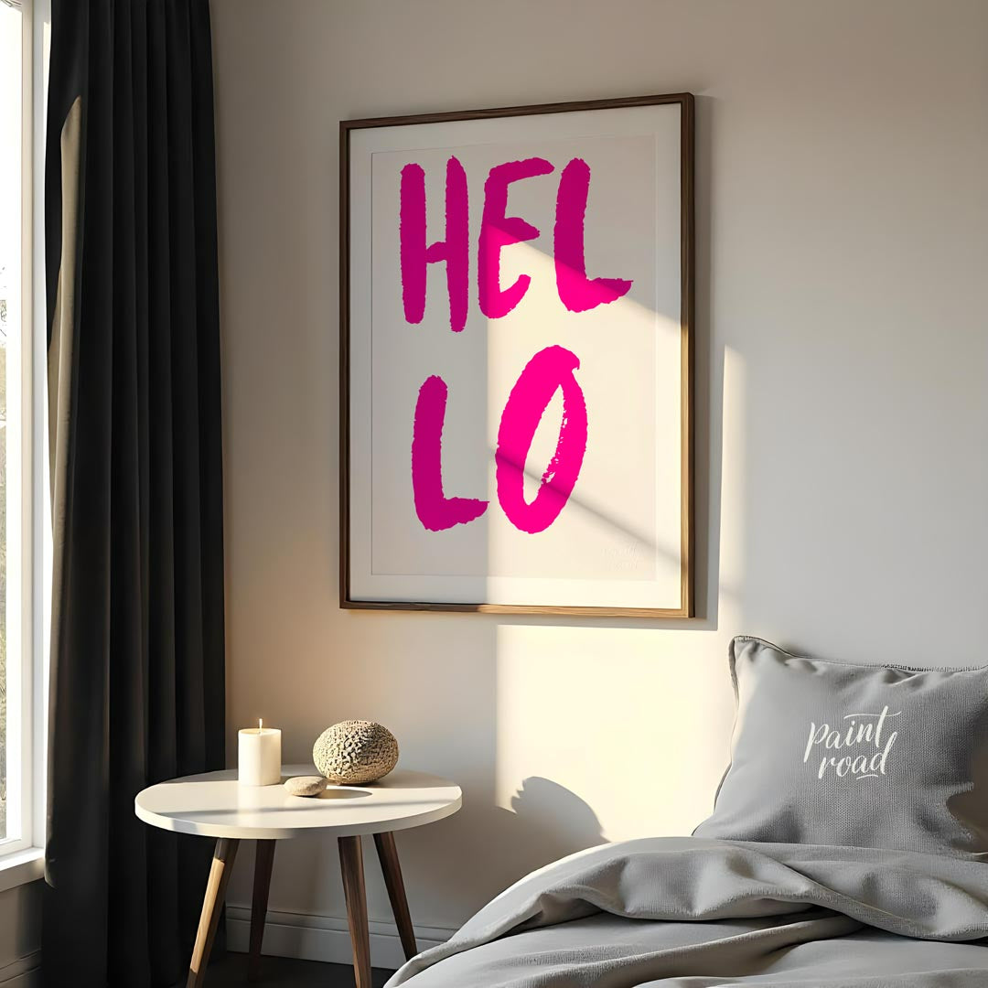 This minimalist yet impactful print features the word “HEL LO” in a bold, distressed, hot pink sans… for bedroom