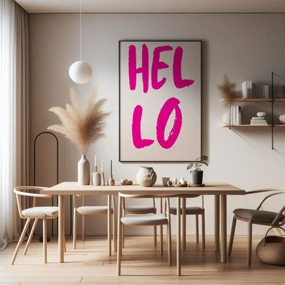 This minimalist yet impactful print features the word “HEL LO” in a bold, distressed, hot pink sans… for dining room