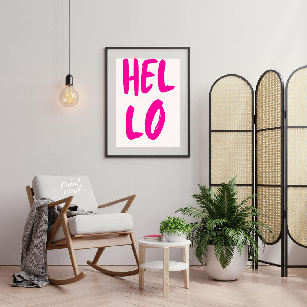 This minimalist yet impactful print features the word “HEL LO” in a bold, distressed, hot pink sans… for living room