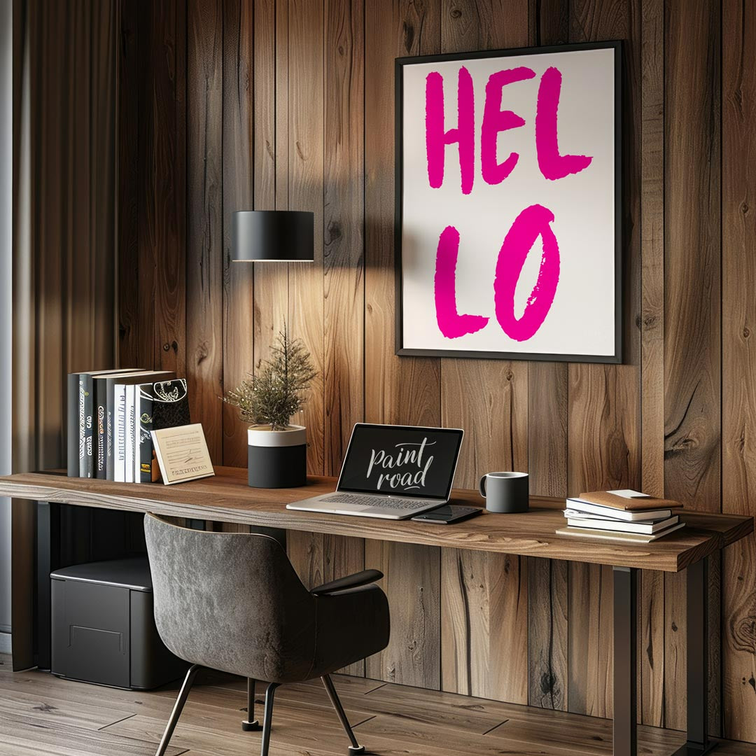 This minimalist yet impactful print features the word “HEL LO” in a bold, distressed, hot pink sans… for office