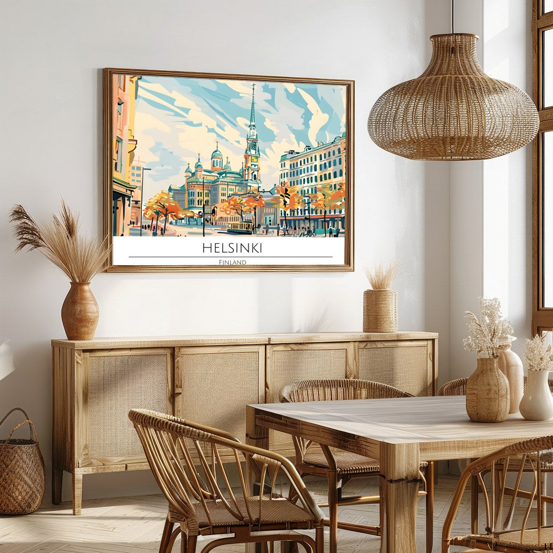 Capture the essence of Helsinki with this captivating cityscape art piece, featuring iconic for Dining