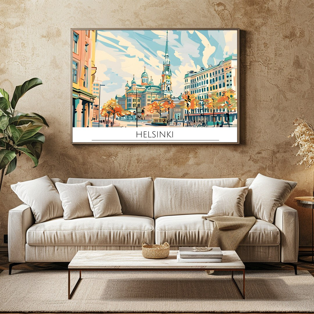 Capture the essence of Helsinki with this captivating cityscape art piece, featuring iconic for Family Room