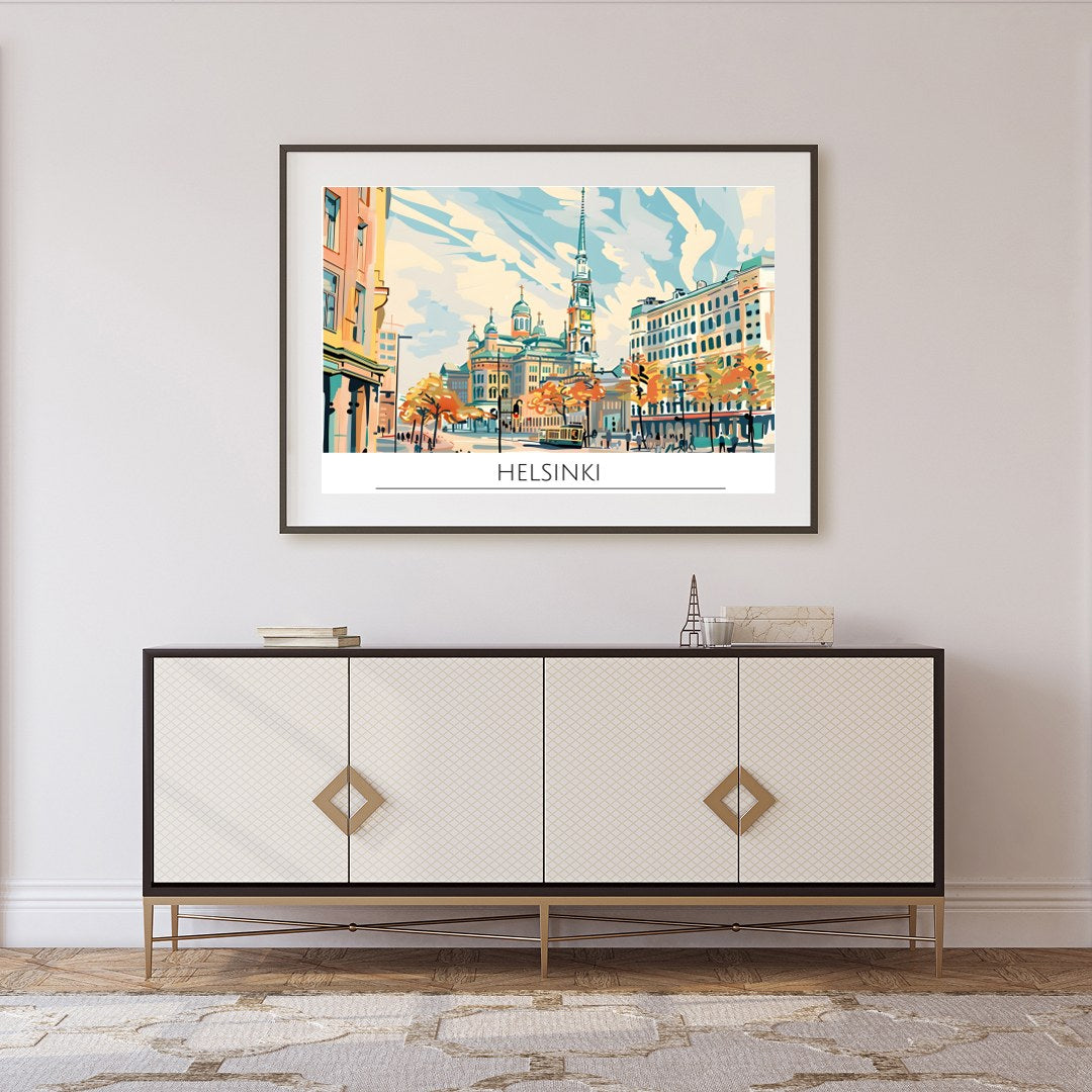 Capture the essence of Helsinki with this captivating cityscape art piece, featuring iconic for Foyer