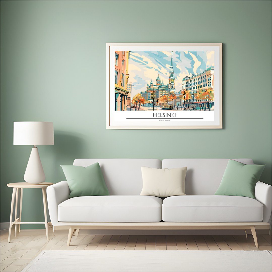 Capture the essence of Helsinki with this captivating cityscape art piece, featuring iconic for Hall