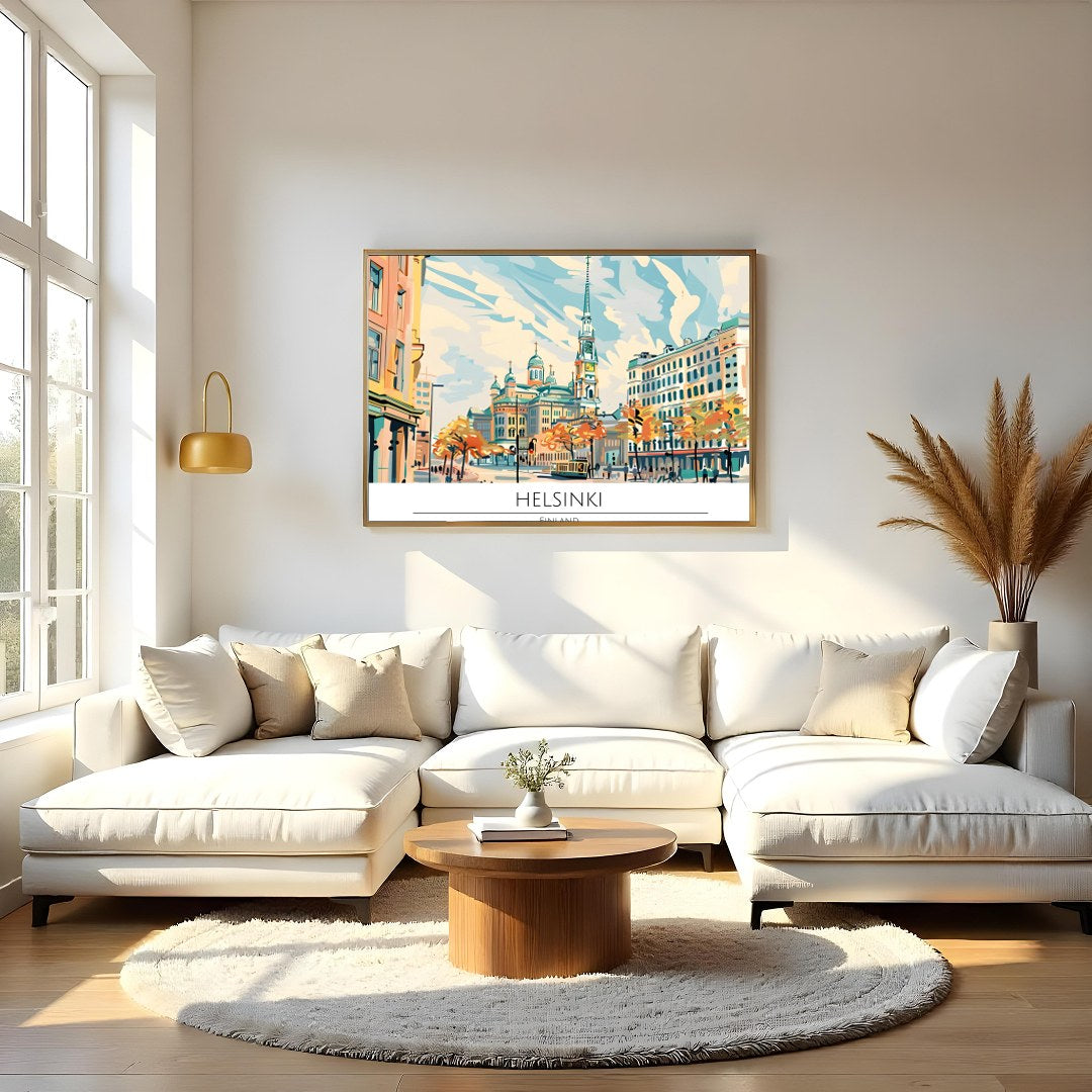 Capture the essence of Helsinki with this captivating cityscape art piece, featuring iconic for Living Room