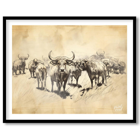 This monochromatic sketch captures a herd of water buffalo in a vast, open landscape. The artwork h… for house