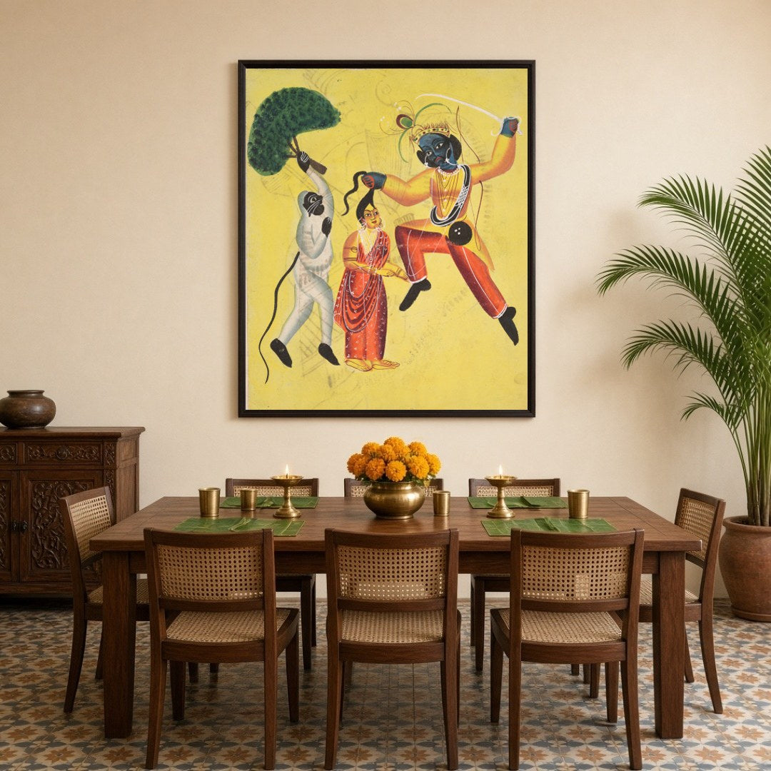 Capture the divine courage and devotion of Hanuman as he valiantly rescues Sita in this vivid for Dining
