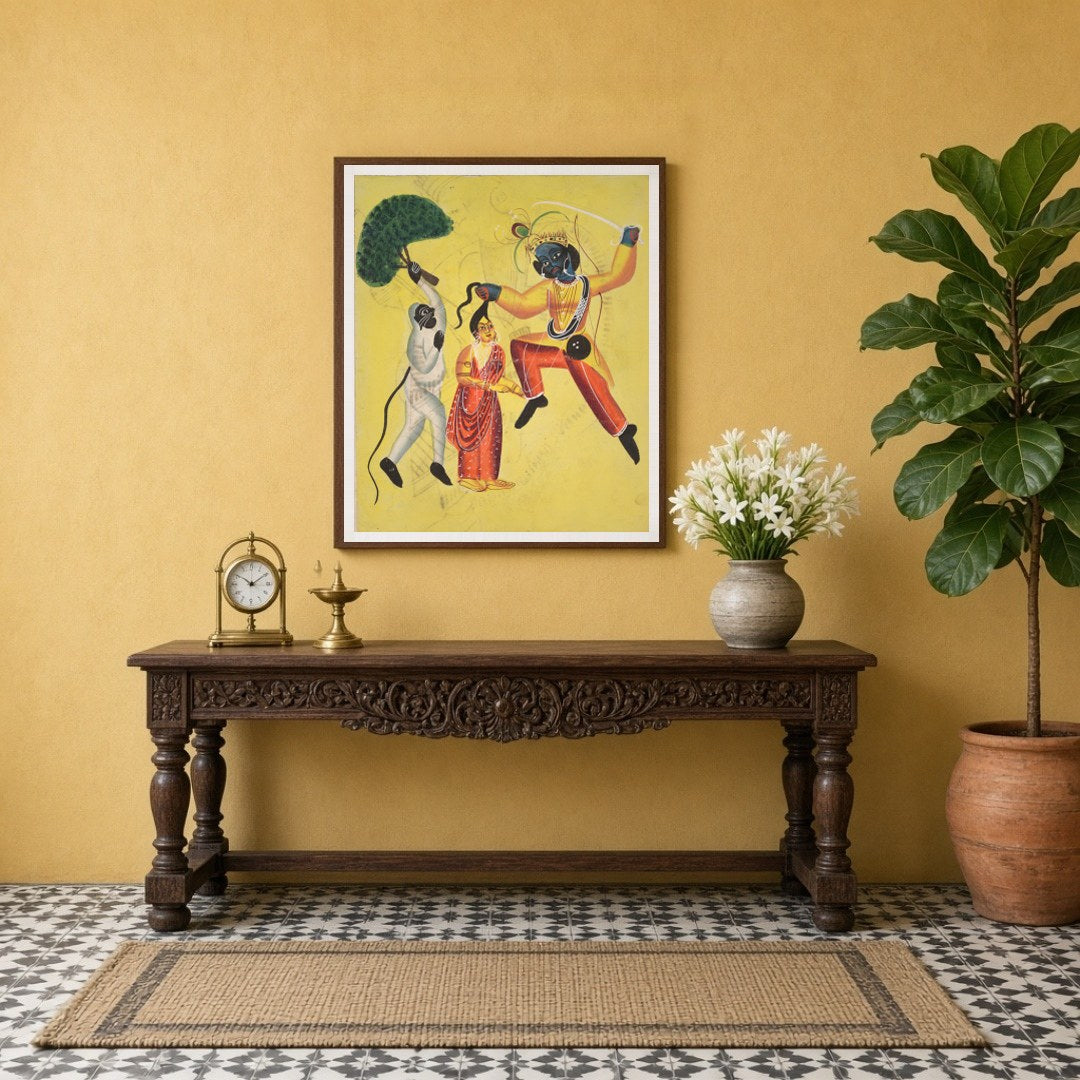 Capture the divine courage and devotion of Hanuman as he valiantly rescues Sita in this vivid for Entrance