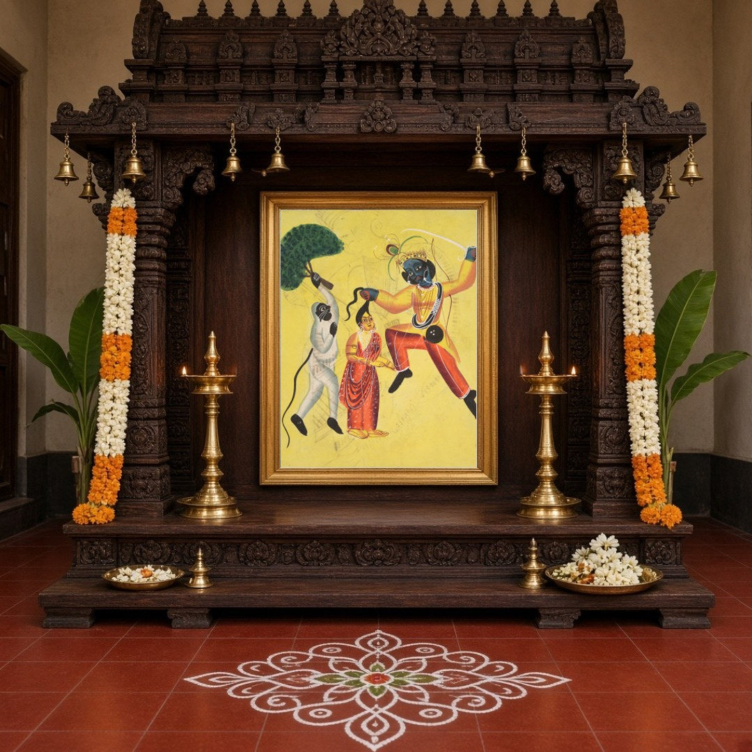 Capture the divine courage and devotion of Hanuman as he valiantly rescues Sita in this vivid for Home Temple