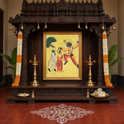Capture the divine courage and devotion of Hanuman as he valiantly rescues Sita in this vivid for Home Temple