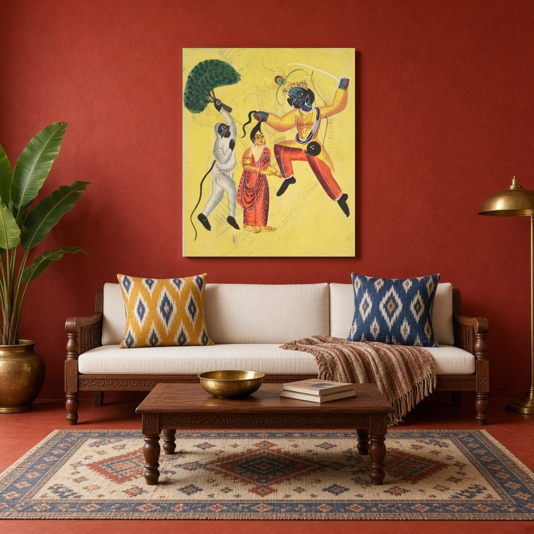 Capture the divine courage and devotion of Hanuman as he valiantly rescues Sita in this vivid for Living Room