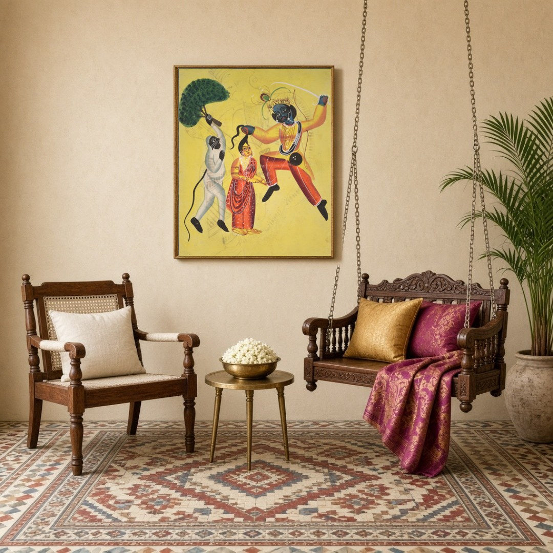 Capture the divine courage and devotion of Hanuman as he valiantly rescues Sita in this vivid for Sitting Lounge