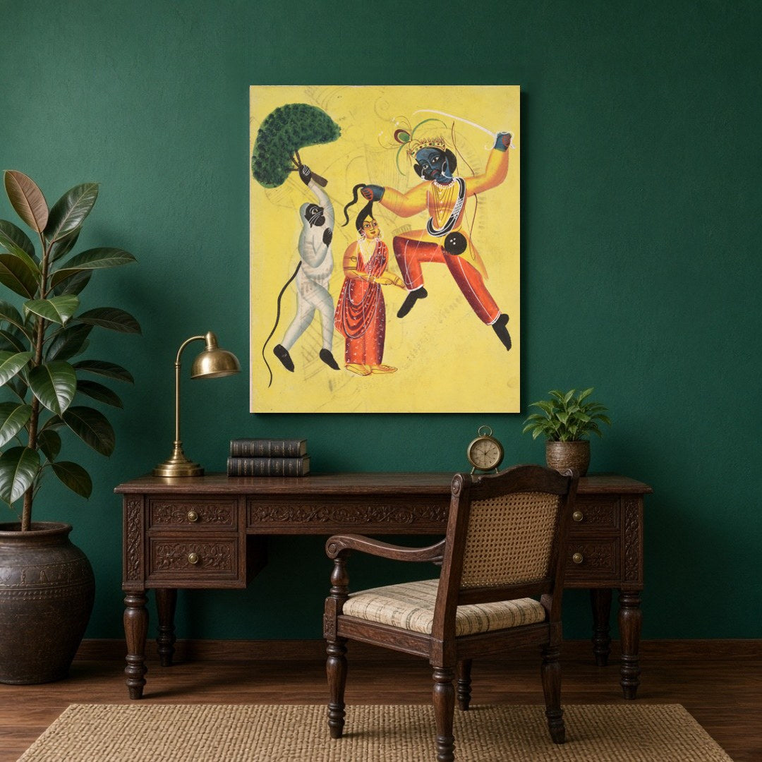 Capture the divine courage and devotion of Hanuman as he valiantly rescues Sita in this vivid for Study