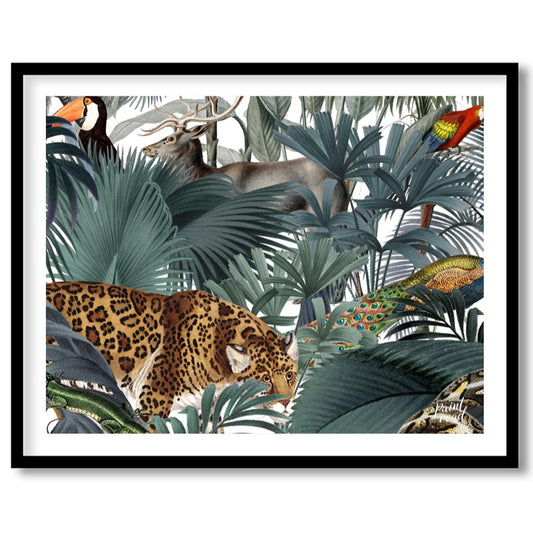This immersive and richly detailed artwork presents a vibrant, dense tropical jungle teeming with h… for abode