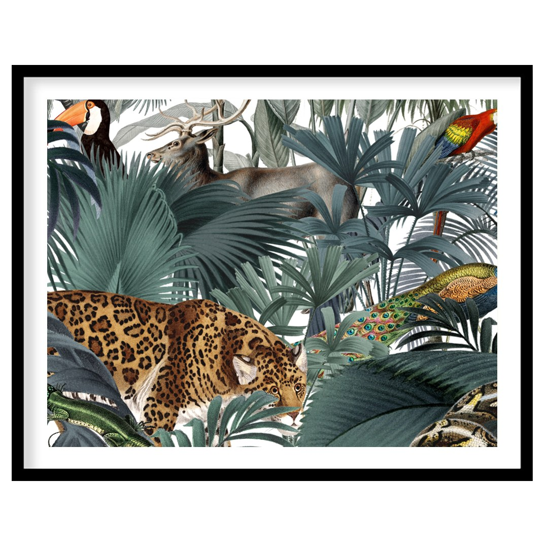 This immersive and richly detailed artwork presents a vibrant, dense tropical jungle teeming with h… for abode