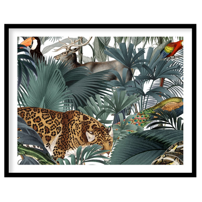 This immersive and richly detailed artwork presents a vibrant, dense tropical jungle teeming with h… for abode