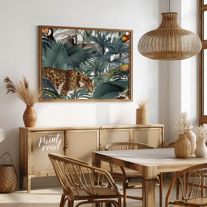 This immersive and richly detailed artwork presents a vibrant, dense tropical jungle teeming with h… for dining room