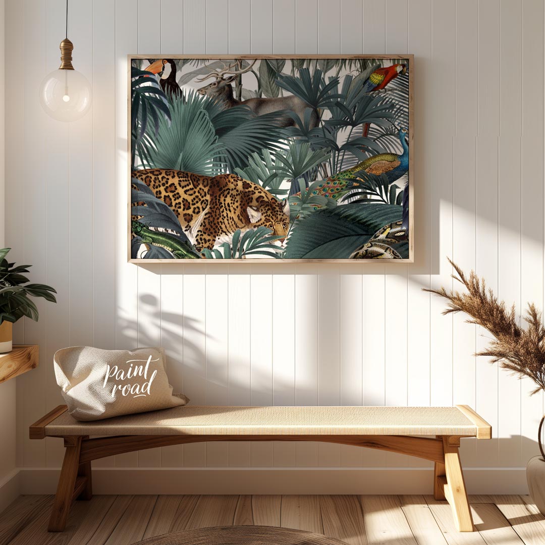 This immersive and richly detailed artwork presents a vibrant, dense tropical jungle teeming with h… for entryway