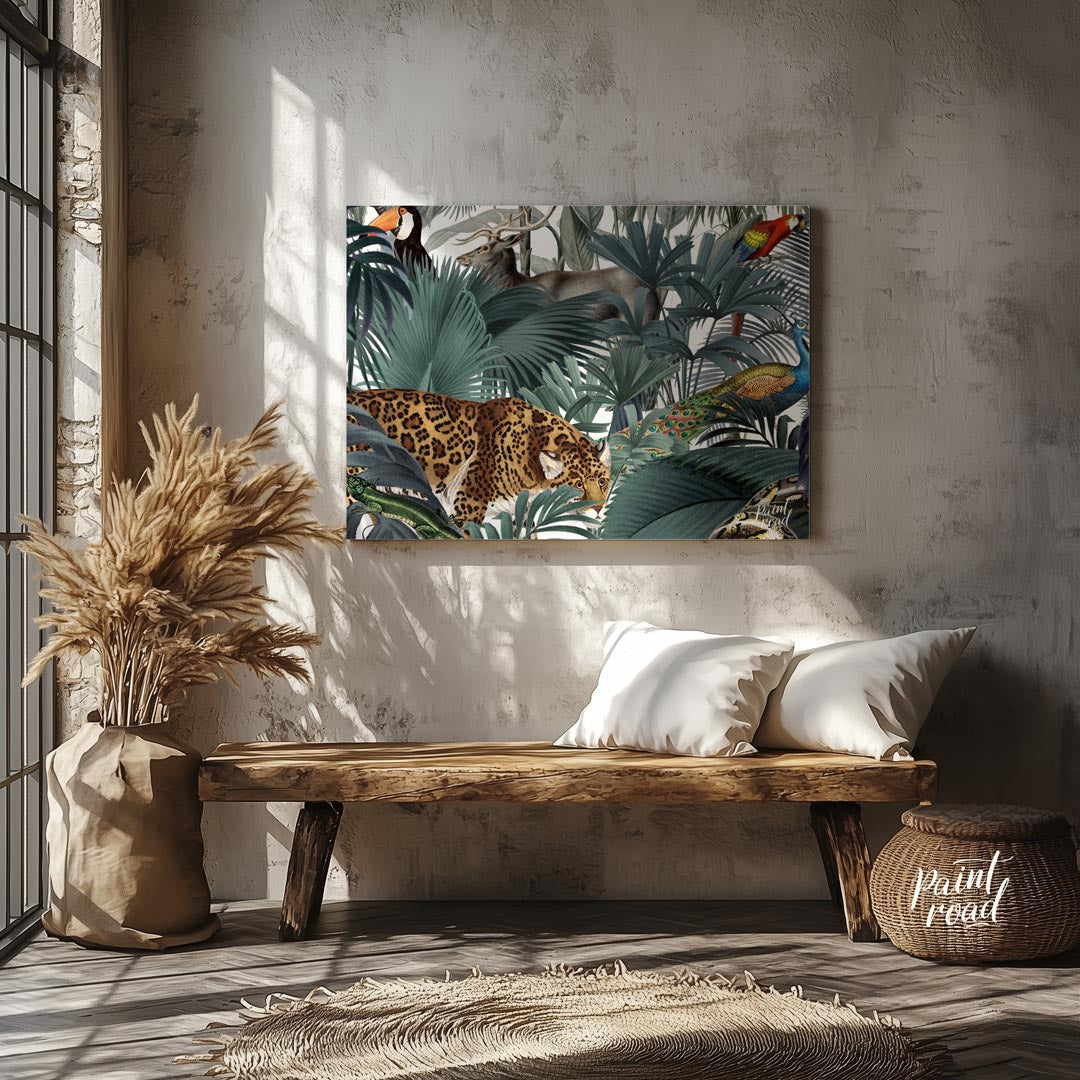 This immersive and richly detailed artwork presents a vibrant, dense tropical jungle teeming with h… for entryway