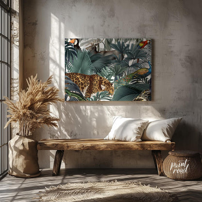This immersive and richly detailed artwork presents a vibrant, dense tropical jungle teeming with h… for entryway