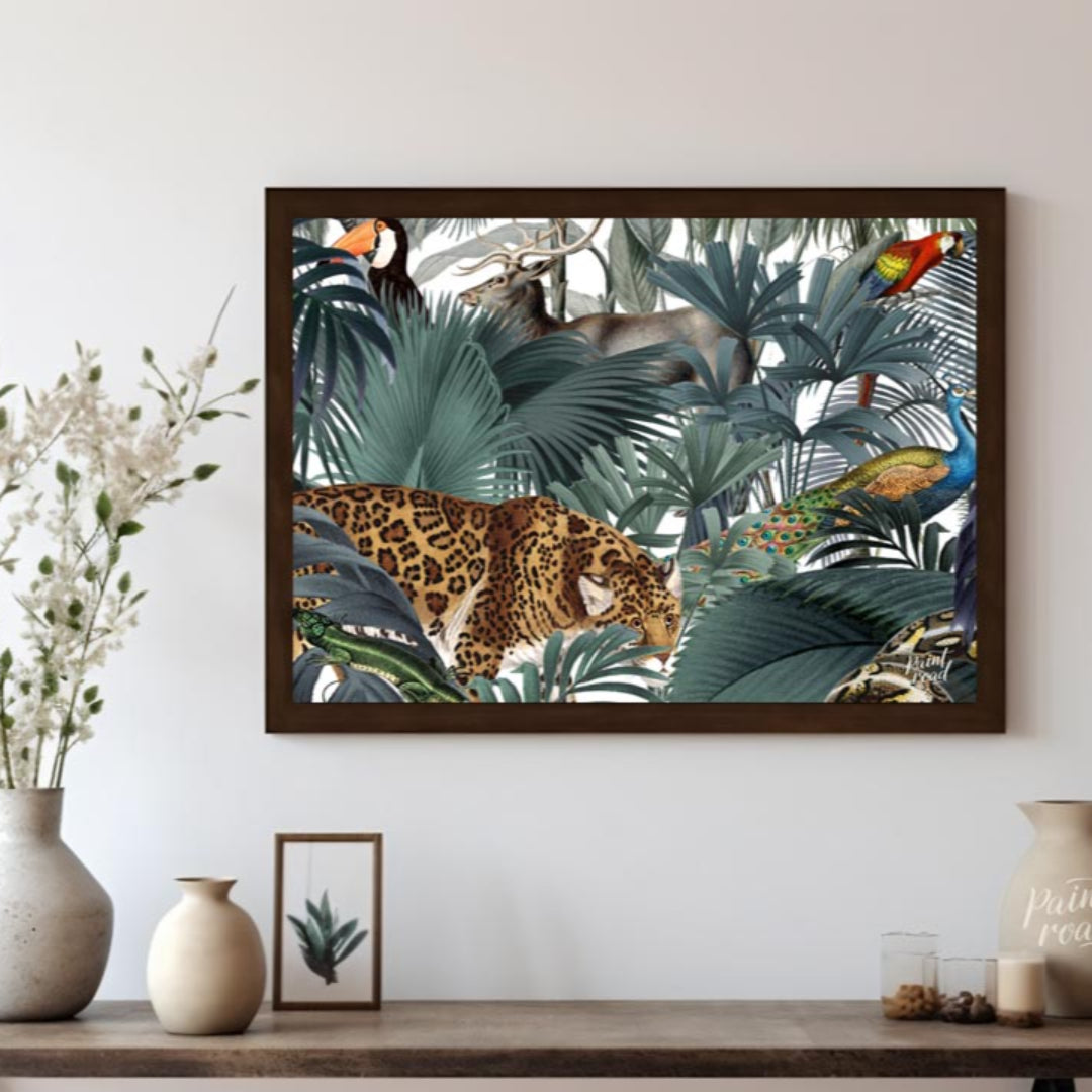 This immersive and richly detailed artwork presents a vibrant, dense tropical jungle teeming with h… for living room