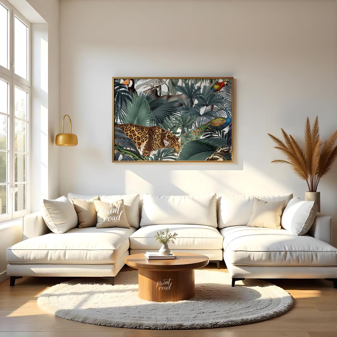 This immersive and richly detailed artwork presents a vibrant, dense tropical jungle teeming with h… for living room