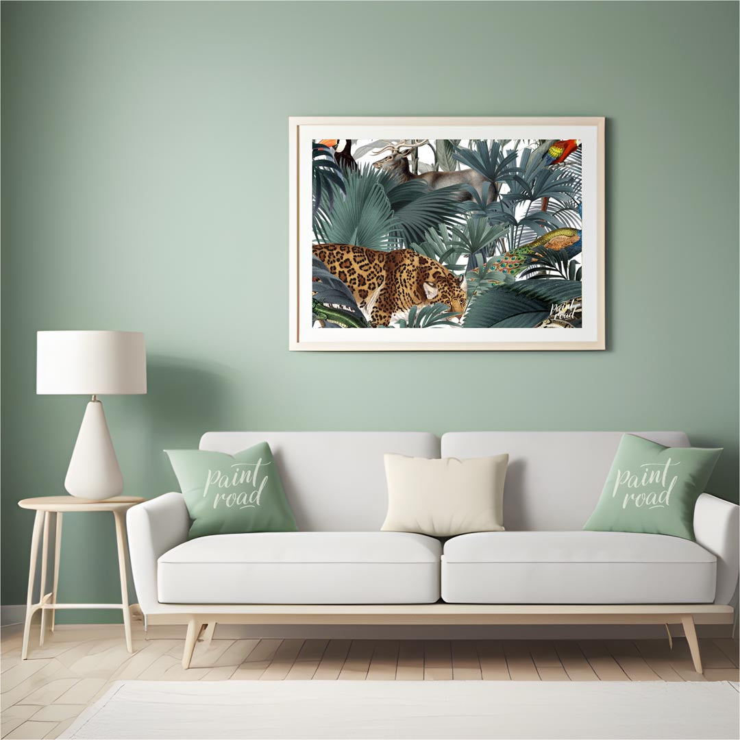 This immersive and richly detailed artwork presents a vibrant, dense tropical jungle teeming with h… for living room