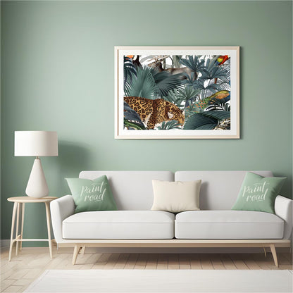 This immersive and richly detailed artwork presents a vibrant, dense tropical jungle teeming with h… for living room